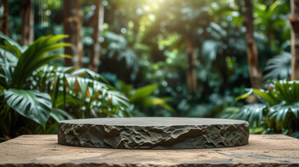 Obraz premium Stone podium tabletop floor in outdoors tropical garden forest blurred green leaf plant nature background.Natural product placement pedestal stand display,jungle paradise concept.