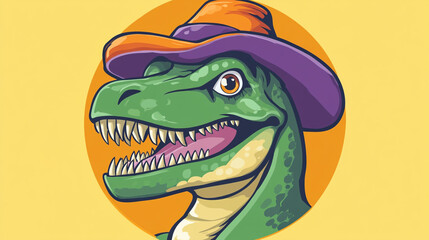 Obraz premium Tyrannosaurus Rex Cartoon Funny Dino Hat Illustration Mascot Design Graphic Smilin