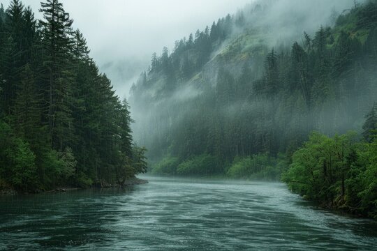 River flowing through a foggy forest during a rainy day