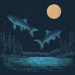 Fototapeta premium Two fish leap night sky moon forest lake art