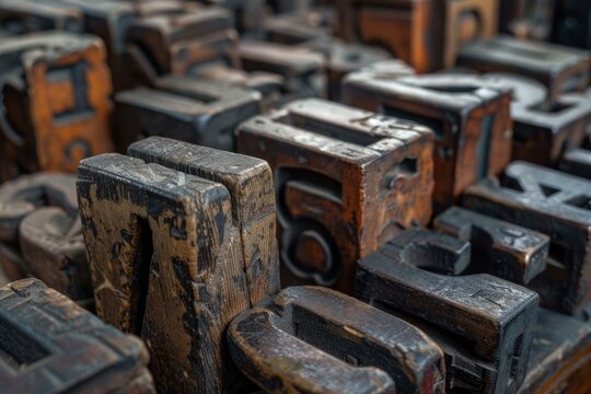 Close up of vintage wooden printing letterpress blocks, showing signs of wear and tear, evoking traditional typography and printing techniques