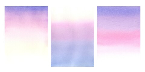 Fototapeta premium Purple blue pink yellow abstract background. Blurred vertical soft gradient from top to bottom of image. Set of watercolor patterns of gentle sunrise or sunset. Multicolor morning sky