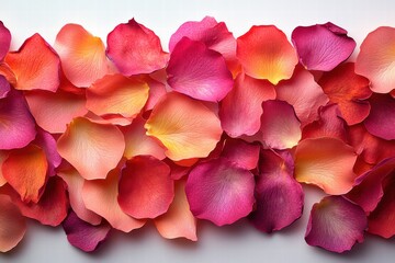 Colorful abstract pattern of rose petals arranged on a white background