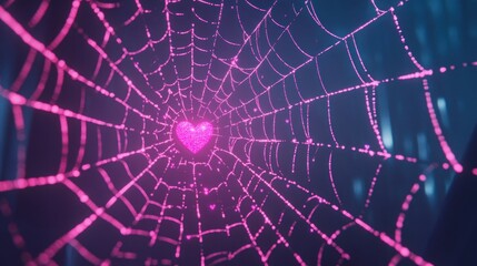 Pink heart in glowing web, digital art, dark background, romantic concept