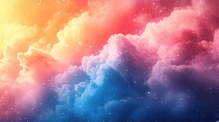 Surreal cloudscape background blending blue, orange, and pink tones, creating a celestial and immersive visual experience.
