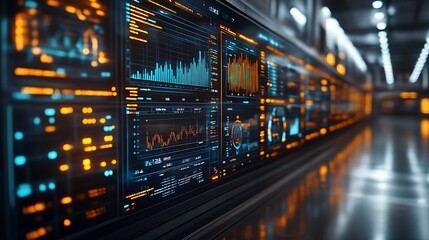Futuristic data center control panel with glowing digital displays.
