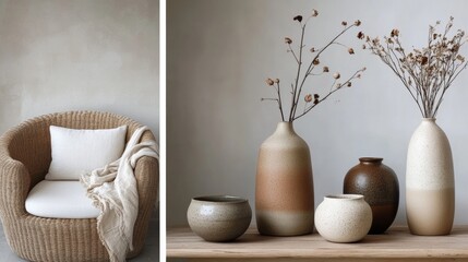 Serene Home Decor: A tranquil scene showcasing a wicker armchair with a soft throw and a collection of elegant ceramic vases with dried flowers, creating a minimalist and calming atmosphere. 