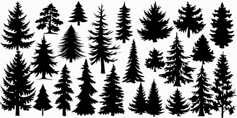 Obraz premium Pine tree silhouettes. Evergreen forest firs and spruces black shapes, wild nature trees templates. Vector illustration woodland trees set on white background.