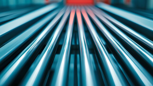 A close-up view of shiny metal rods arranged in parallel, showcasing reflections and depth in a modern industrial setting.