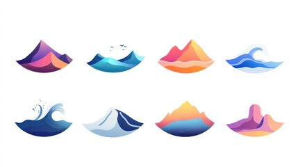 Colorful abstract mountain and wave icons; nature design; website background