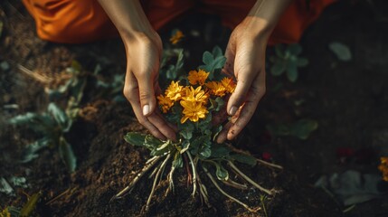 Hands gently cradle vibrant yellow flowers planted in rich soil, symbolizing care, hope, and connection to nature.
