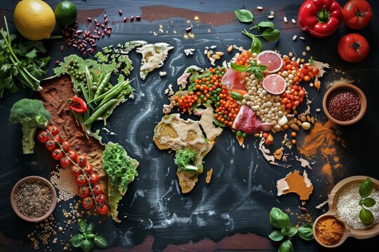 World map created with colorful food ingredients representing diverse culinary traditions from around the globe promoting healthy eating and cultural exchange