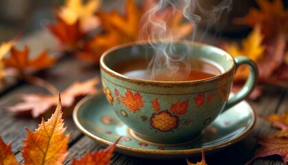 Fototapeta premium Steamy Herbal Tea in Handcrafted Cup with Autumn Leaves