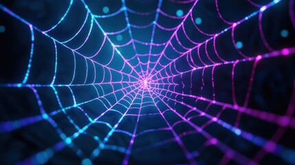 Fototapeta premium Glowing neon spiderweb tunnel, dark background, Halloween