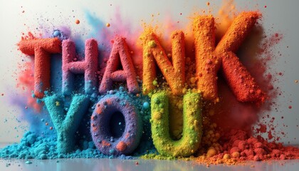 A bold and vibrant Thank You crafted from colorful powder bursts against a soft, neutral background. The explosion of colors—blue, orange, pink, and yellow—creates a joyful and celebratory