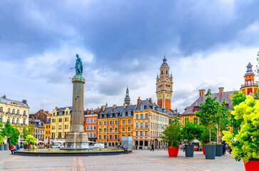 Lille cityscape, La Grand Place square in city center, Flemish mannerist architecture style...