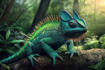 Fototapeta premium A stunning photorealistic depiction of a chameleon in its natural habitat.