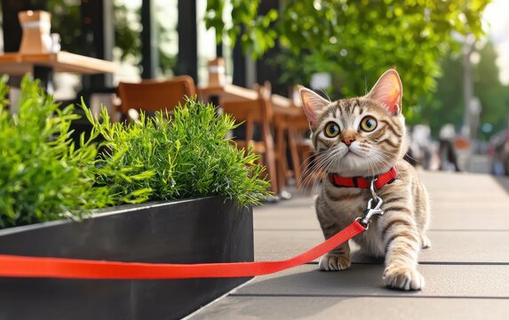 A curious cat on a leash explores a sunny sidewalk lined with greenery and outdoor seating, showcasing a charming urban scene.