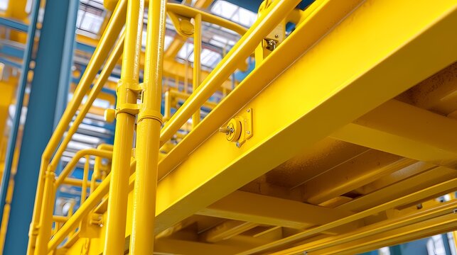 A close-up view of vibrant yellow industrial scaffolding, showcasing structural details in a factory or warehouse setting.