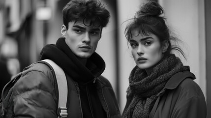A young couple portrait outside, smiling, laughing, loving and happy on a date with blurry lights, urban city view background in black and white arty film photography style