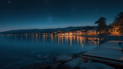 City Lights Reflecting on a Calm Lake at Night with Skyline and Stars Above