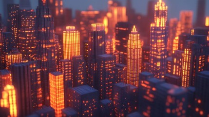 Fototapeta premium Night cityscape, glowing buildings, urban scene, aerial view, digital art, futuristic illustration
