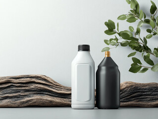 Bottles of liquid placed on a textured surface indoors