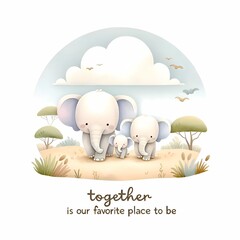 Elephant family walking together in a serene landscape