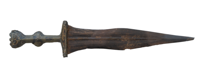 Ancient bronze dagger on white background