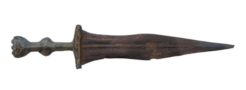 Ancient bronze dagger on white background