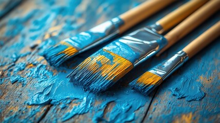 Fototapeta premium Macro Shot of Painter's Brushes with Blue Paint Stains, Highlighting Artistic Tools and Colorful Details