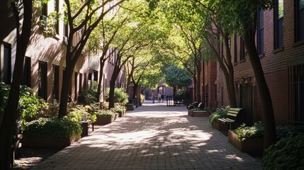 Fototapeta premium A sun-dappled pathway through a quaint alley, lined with trees, invites exploration and offers a peaceful refuge in an urban environment.