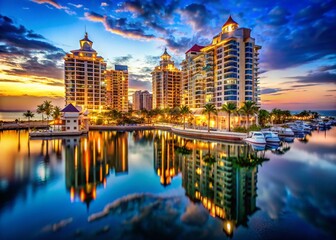 Fototapeta premium Night View of Modern City Skyline with Iconic Hotel and Bay