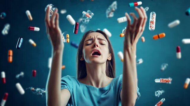 A woman expresses distress with outstretched arms, surrounded by floating capsules and pills, reflecting anxiety and the pressure of coping with mental health challenges.
