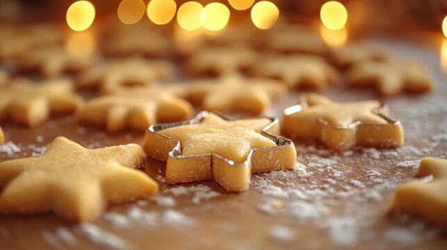 Close-up of star-shaped cookie dough being cut for holiday baking preparations