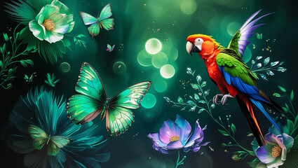 Stunning Abstract Watercolor Artwork of Green Butterflies, Parrots, and Flowers with Dreamy Hyperrealistic Details and Dark Green Filter