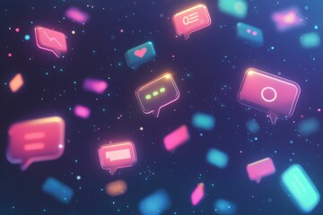 Obraz premium Glowing speech bubbles, digital communication, dark background.
