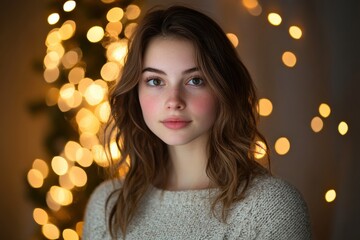 Fototapeta premium Warm glow of holiday lights portrait of young woman cozy indoor setting soft focus atmosphere intimate perspective