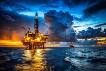 Offshore Oil Rig at Night, Supply Vessel, Low Light Sea