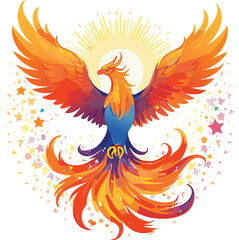 Fototapeta premium Phoenix rising from celestial flames, feathers shimmering with cosmic energy vector design. 