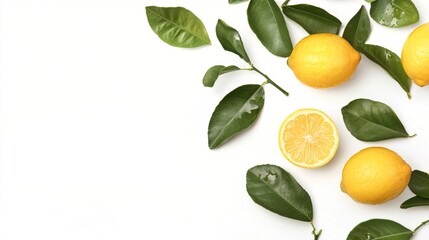 Fresh Lemons and Green Leaves on White Surface for Food Styling