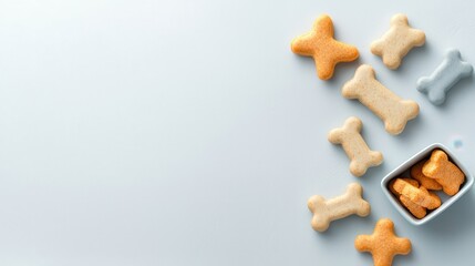 Obraz premium A variety of colorful dog-shaped cookies arranged on a light surface, with some in a small container.