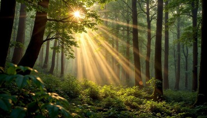 Fototapeta premium Golden Sunlight Through Dense Forest Canopy