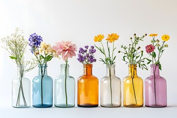 Obraz premium Colorful Flowers in Vintage Glass Bottles Summer Floral Arrangement Home Decor