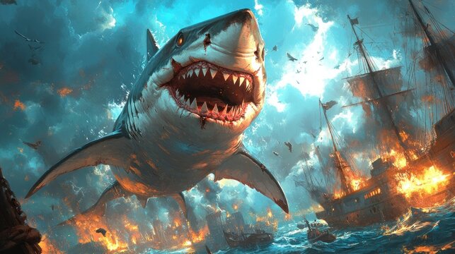 Giant Shark Attacks Pirate Ships at Sea