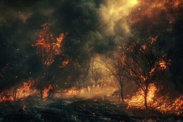 Intense flames engulfing trees and vegetation in a raging forest fire, creating a dramatic and devastating scene under a dark, smoke filled sky