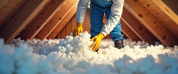 Worker installs cellulose insulation in attic. Insulation process ensures energy efficiency, home comfort. Man in protective clothing works on construction site. Renovation project focuses on