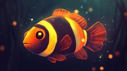 Naklejka premium Ocellaris clownfish swimming, underwater, glowing algae