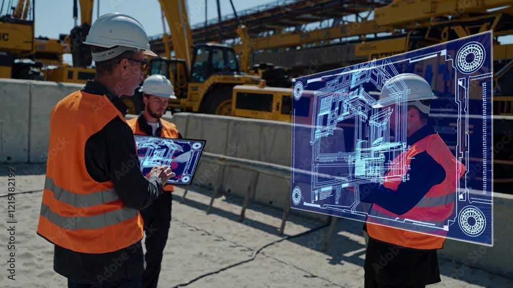 Poster construction workers collaborate on digital blueprints at a job site with heavy machinery in the bac