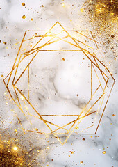 Golden frame with geometric shapes on a white marble background, with golden lines and a glittery design for a wedding invitation card or greeting card template in vector illustration. 